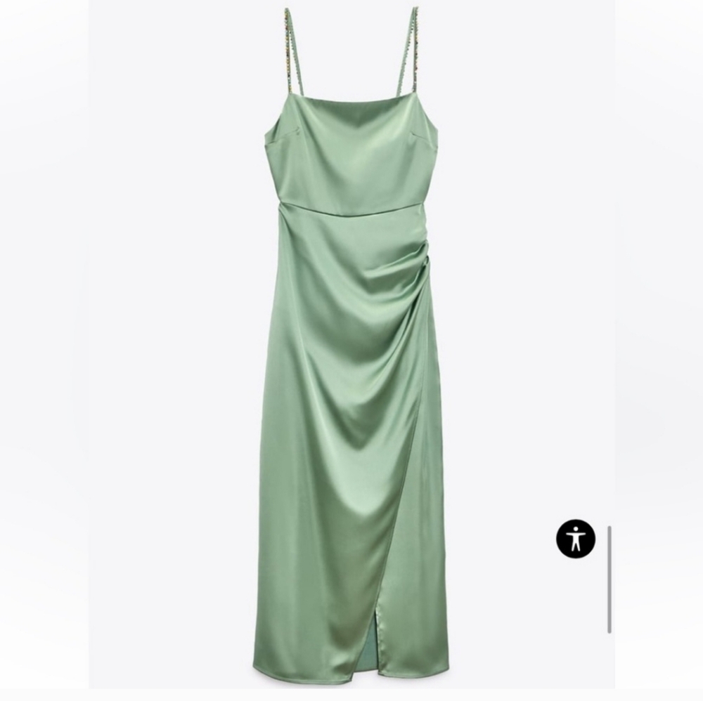 ZARA beaded strap satin effect dress green women’s XL NWT 7765 899 537